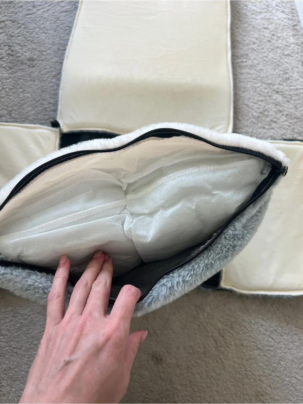 Cozy Gray Plush Pet Cave Bed with White Trim